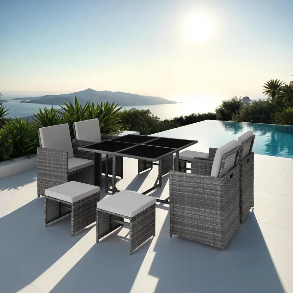 tectake - tuinset Bilbao - wicker - incl. beschermhoes - grijs Best