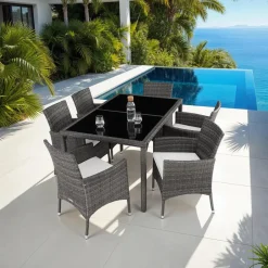 tectake - tuinset Porto 6 + 1 - wicker - grijs Sale