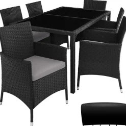 tectake - tuinset Porto 6 + 1 - wicker - zwart / grijs Hot