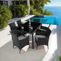 tectake - tuinset Porto 6 + 1 - wicker - zwart / grijs Hot