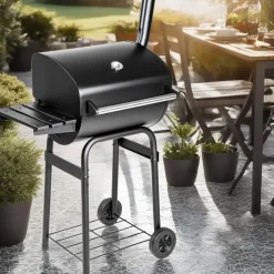 tectake BBQ Barbecue Smoker met deksel en thermometer, Zwart Outlet