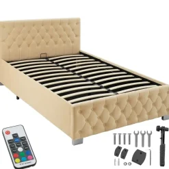 tectake Gestoffeerd bed met LED & opbergruimte, 120 x 200 cm, Beige Clearance