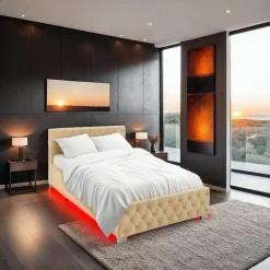 tectake Gestoffeerd bed met LED & opbergruimte, 120 x 200 cm, Beige Clearance