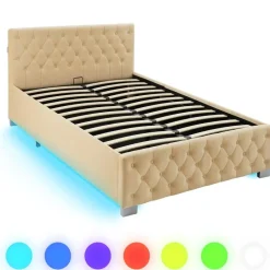 tectake Gestoffeerd bed met LED & opbergruimte, 120 x 200 cm, Beige Clearance