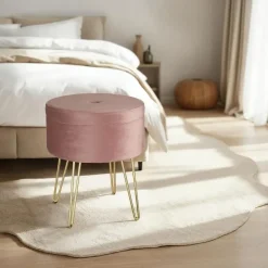 tectake Hocker Ava gestoffeerd in fluweellook 300kg met opbergruimte, Roze Discount