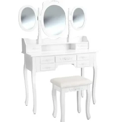 tectake Makeup-tafel met 7 lades, spiegel en hocker in antieke look, Wit Discount