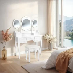 tectake Makeup-tafel met 7 lades, spiegel en hocker in antieke look, Wit Discount