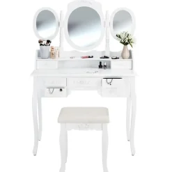 tectake Makeup-tafel met 7 lades, spiegel en hocker in antieke look, Wit Discount