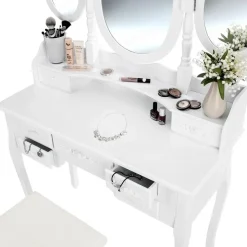 tectake Makeup-tafel met 7 lades, spiegel en hocker in antieke look, Wit Discount