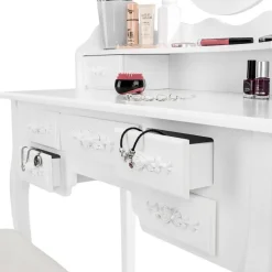 tectake Makeup-tafel met 7 lades, spiegel en hocker in antieke look, Wit Discount