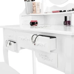 tectake Makeup-tafel met 7 lades, spiegel en hocker in antieke look, Wit Discount