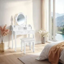 tectake Makeup-tafel met spiegel en hocker in antieke look, Wit Discount