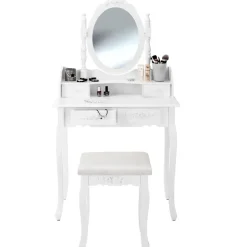 tectake Makeup-tafel met spiegel en hocker in antieke look, Wit Discount