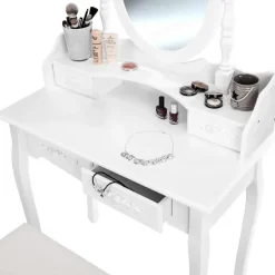 tectake Makeup-tafel met spiegel en hocker in antieke look, Wit Discount