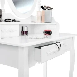 tectake Makeup-tafel met spiegel en hocker in antieke look, Wit Discount