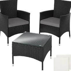 tectake Wicker bistroset Luzern 2+1 met kussenhoezen in 2 kleuren - Zwart Outlet