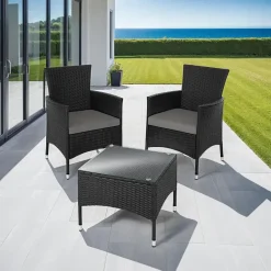 tectake Wicker bistroset Luzern 2+1 met kussenhoezen in 2 kleuren - Zwart Outlet