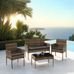 tectake Wicker loungeset Palese voor 4 persone - Natuur