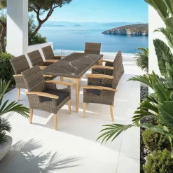 tectake Wicker tafel Foggia met 8 stoelen Rosarno, Natuur Discount