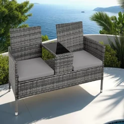 tectake Wicker tuinbank met tafel, Grijs/lichtgrijs Discount