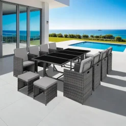 tectake Wicker tuinset Palma 8+4+1 met beschermhoes - Grijs/lichtgrijs Discount
