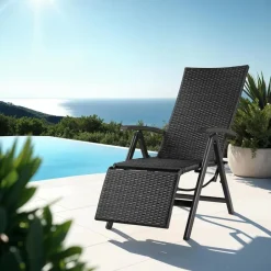 tectake Wicker tuinstoel opklapbaar met aluminium frame en voetsteun, Zwart Hot