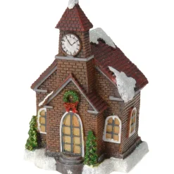 Merkloos Verlicht kerstkerkje - rood dak - polystone - 13 cm New