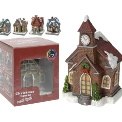 Merkloos Verlicht kerstkerkje - rood dak - polystone - 13 cm New