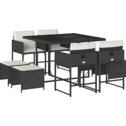 vidaXL - 9-delige Tuinset 4 krukken wit kussens - Zwart - PE rattan - 110x106 cm New