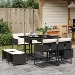 vidaXL - 9-delige Tuinset 4 krukken wit kussens - Zwart - PE rattan - 110x106 cm New
