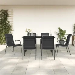 vidaXL - 7-delige Tuinset - Zwart - Textileen en staal - 140x70 cm Online