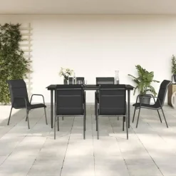vidaXL - 7-delige Tuinset - Zwart - Textileen met voering en staal - 160x80 cm Online