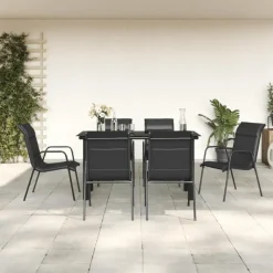 vidaXL - 7-delige Tuinset - Zwart - Textileen met voering en staal - 140x70 cm Clearance