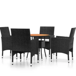 vidaXL - 5-delige Tuinset met kussens zwart - Poly rattan en hout - ø 80 cm Discount