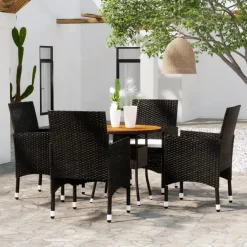 vidaXL - 5-delige Tuinset met kussens zwart - Poly rattan en hout - ø 80 cm Discount