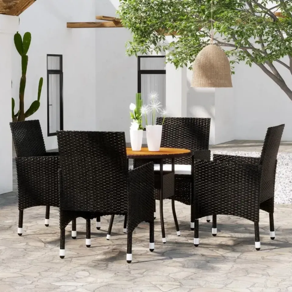 vidaXL - 5-delige Tuinset met kussens zwart - Poly rattan en hout - ø 80 cm Discount