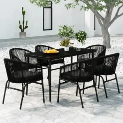 vidaXL - 7-delige Tuinset met kussens - Zwart PVC-rattan en staal - 140x70 cm Best
