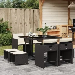 vidaXL - 9-delige Tuinset wit kussens 4 krukken - Zwart - PE rattan - 110x106 cm