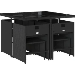 vidaXL - 9-delige Tuinset wit kussens 4 krukken - Zwart - PE rattan - 110x106 cm