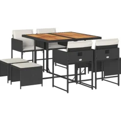 vidaXL - 9-delige Tuinset wit kussens 4 krukken - Zwart poly rattan - 110x106 cm Online