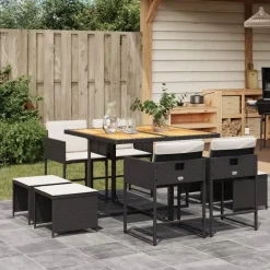 vidaXL - 9-delige Tuinset wit kussens 4 krukken - Zwart poly rattan - 110x106 cm Online