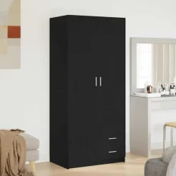 vidaXL - 2-deurs Kledingkast met 2 lades - Bewerkt hout - Zwart - 80x52x180 cm New