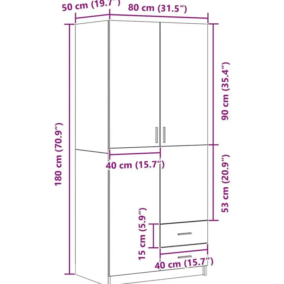 vidaXL - 2-deurs Kledingkast met 2 lades - Bewerkt hout - Zwart - 80x52x180 cm New