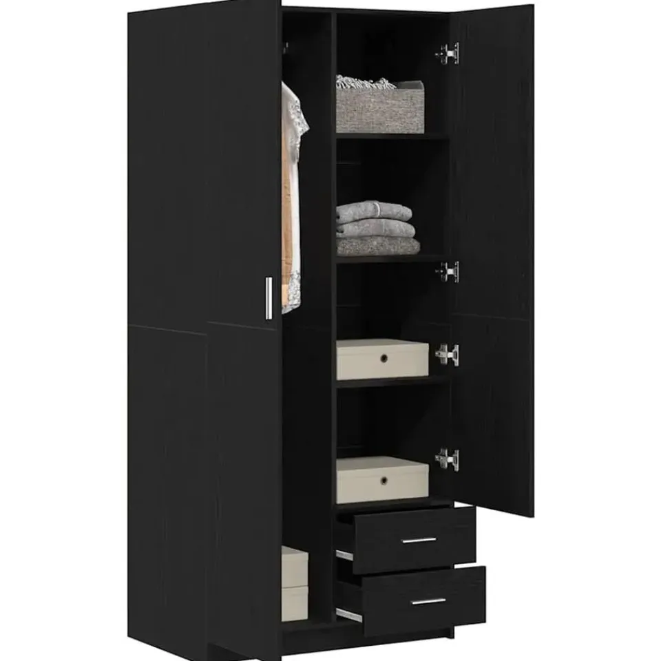 vidaXL - 2-deurs Kledingkast met 2 lades - Bewerkt hout - Zwart - 80x52x180 cm New