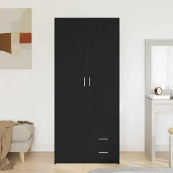 vidaXL - 2-deurs Kledingkast met 2 lades - Bewerkt hout - Zwart - 80x52x180 cm New