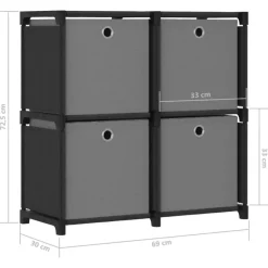 vidaXL - Kast met 4 vakken en grijs stof boxen - Zwart - 69x30x72.5 cm Outlet