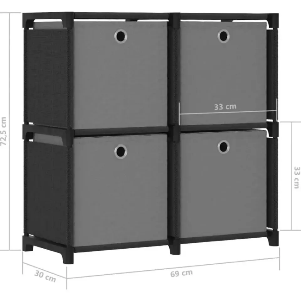 vidaXL - Kast met 4 vakken en grijs stof boxen - Zwart - 69x30x72.5 cm Outlet
