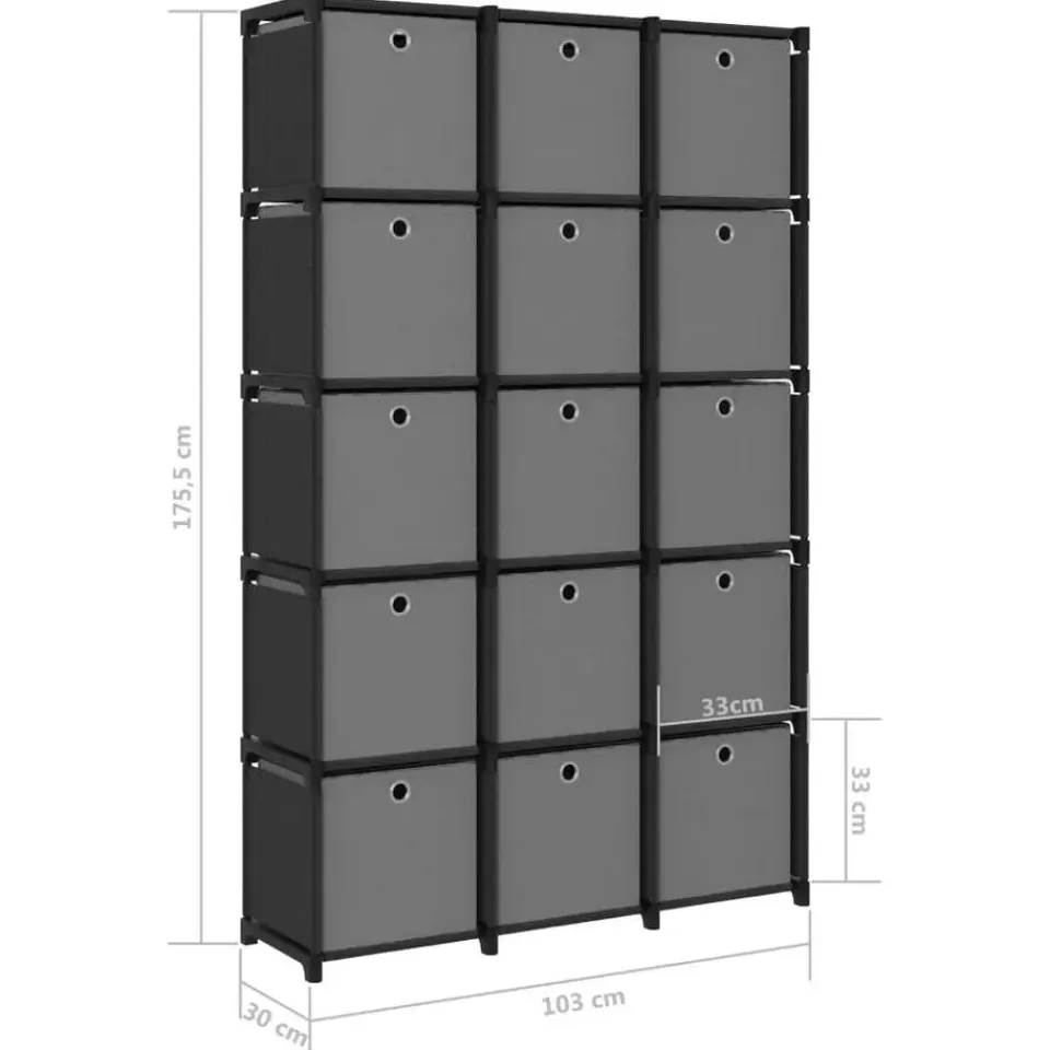 vidaXL - Kast met 15 vakken en grijs stof boxen - Zwart - 103x30x175.5 cm New