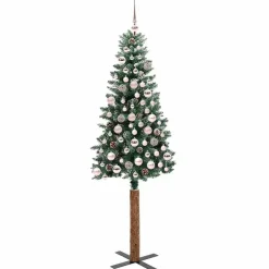 vidaXL - Kunstkerstboom met roze ballen 180 cm - Groen en wit - PVC en hout Clearance