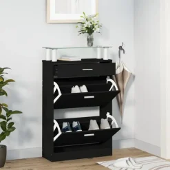 vidaXL - Schoenenkast 4 paar met 3 kleppen en lade - Zwart met glazen bovenblad Online